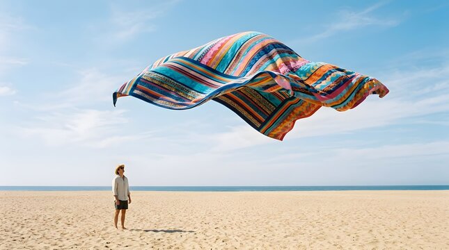 Person watching colorful fabric fly in windy sky over beach