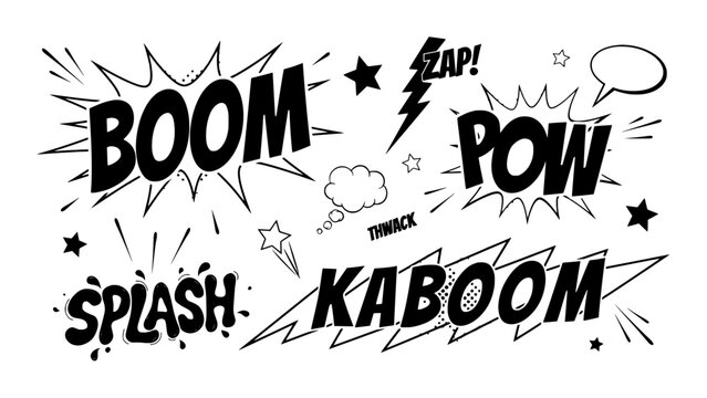Comic Book Sound Effect Words Set with Boom, Pow, Zap, Kaboom, Splash, Speech Bubbles and Stars on White Background