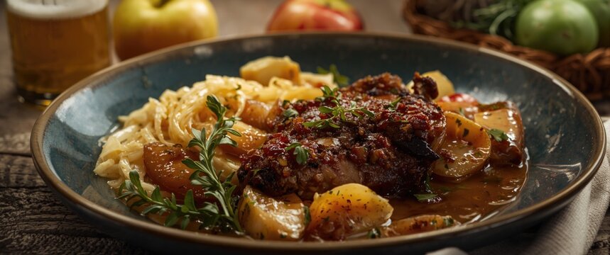 Baked chicken with apples and onion served on a rustic plate