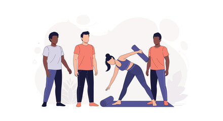 Naklejka premium Diverse Group Practicing Yoga, Instructor Demonstrating Pose with Yoga Mat and Prop