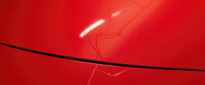 Red car surface with scratches and reflections