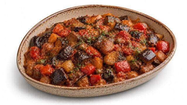 Kapunata Maltese eggplant stew with capers and olive oil for healthy Mediterranean restaurant menu and gourmet food presentation