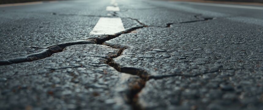 Cracked asphalt road with white lane markings