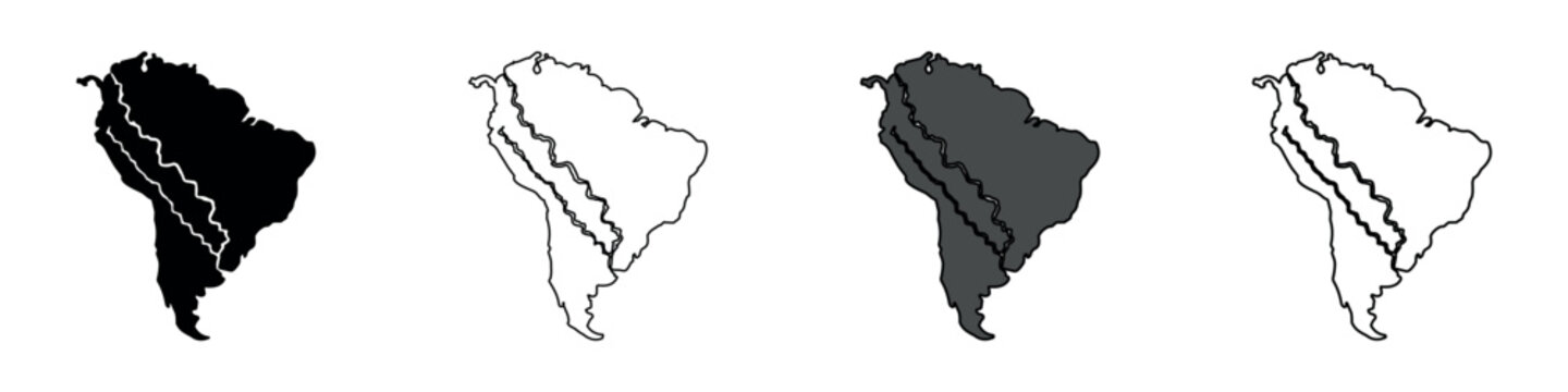 South America continent map outline with Andes mountains and Amazon river