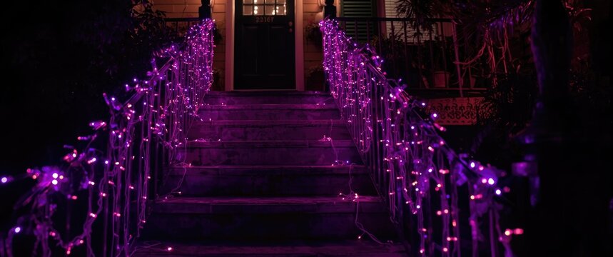 Purple string lights decorating a staircase at night