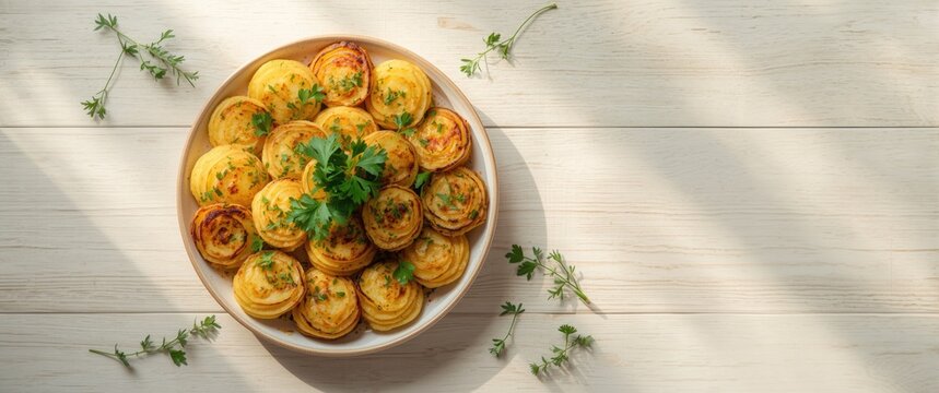 Baked potato spirals garnished with fresh herbs in a bowl