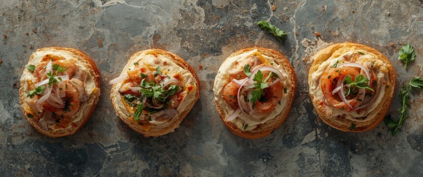 Open face herring onion herb sandwiches arranged on paper with copyspace on rough stone table