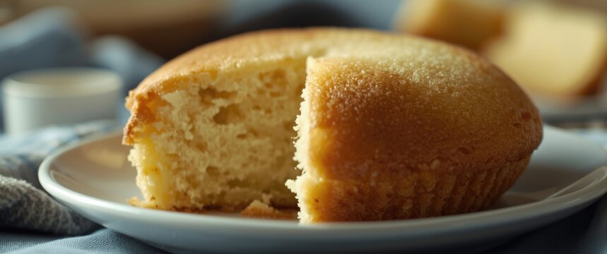 Sliced vanilla cake on a white plate with blue cloth