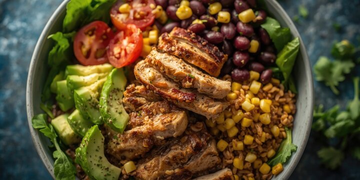 Grilled chicken salad with beans, corn, and vegetables