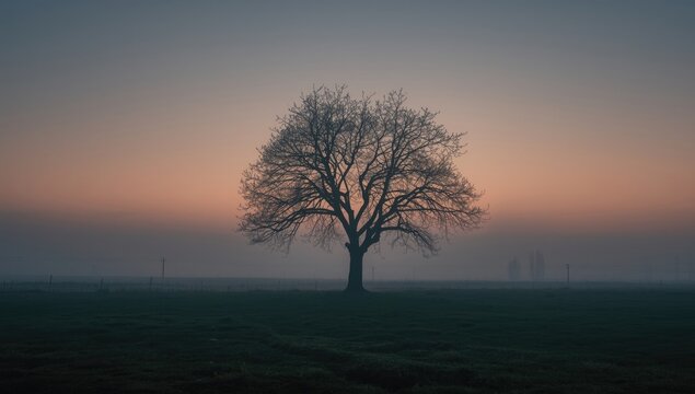 Solitary tree silhouetted against a foggy sunrise sky