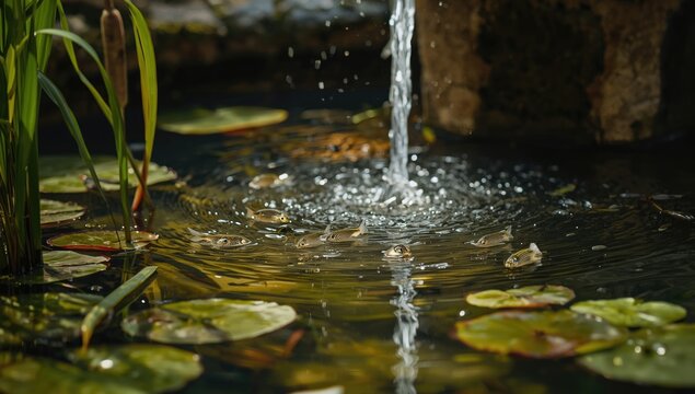 Tiny fish inhabiting a peaceful fountain pond with thriving aquatic flora