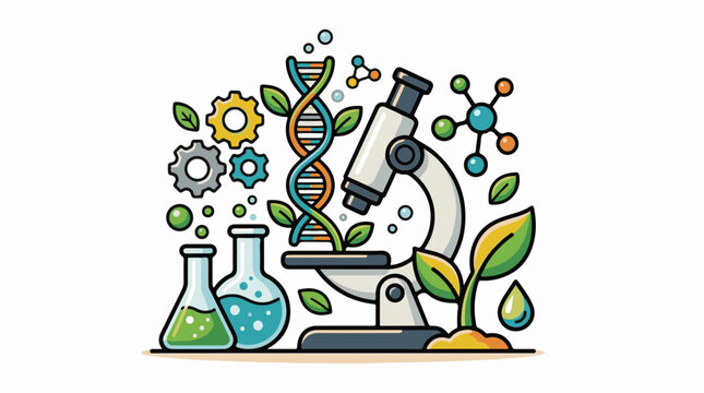 Colorful illustration of a microscope with DNA leafy plants beakers and molecular structures