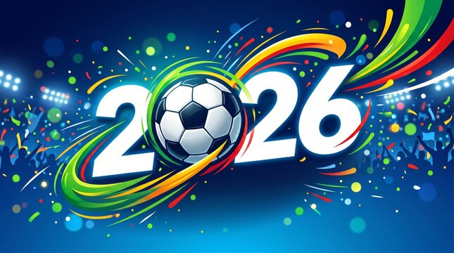 Futuristic Soccer Ball Celebration with Glowing Number 2026 in Dynamic Stadium Lighting