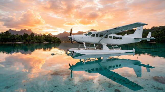 White seaplane moored in a clear tropical lagoon with stunning sunset sky and mountain backdrop.