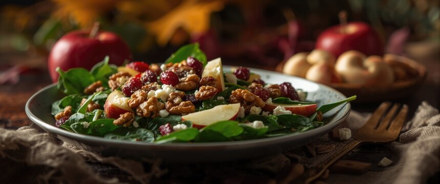 Rustic autumn salad blend with homemade apples walnuts fresh spinach cheese and cranberries