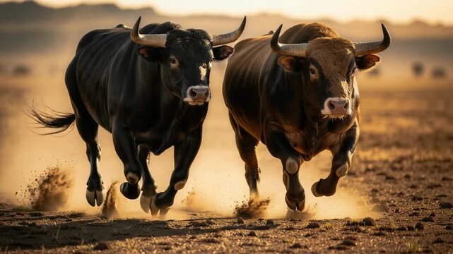 Two powerful bulls running on dusty ground at sunset in a natural outdoor setting