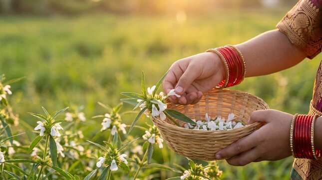 Hands of a Little girl collecting fresh white Thumba flowers in a woven basket for Onam festival, Kerala, India.