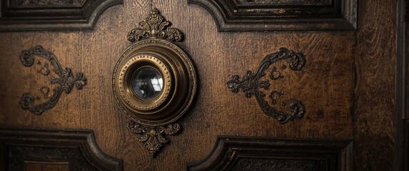 Fototapeta premium Close-up of a vintage door with ornate details and a peephole