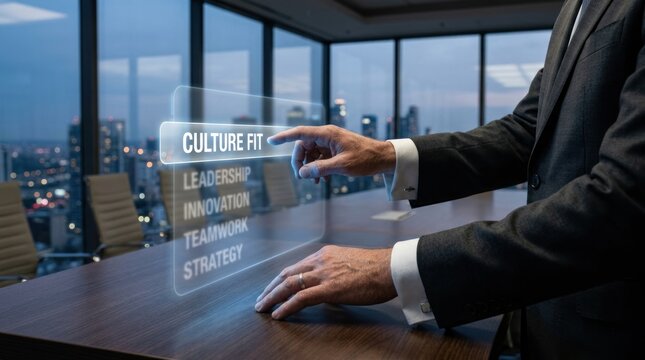 Businessman selecting culture fit on holographic digital interface in modern office, for corporate recruitment, organizational values, strategic human resource management