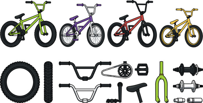 BMX Bike and Spare Parts Vector Icon Set Featuring Colorful Bicycles Tires Handlebars Pedals Chains and Forks for Extreme Sports Graphic Designs