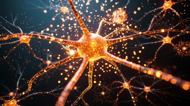 Glowing neuron cells transmitting signals with bright synapses in a futuristic scientific network
