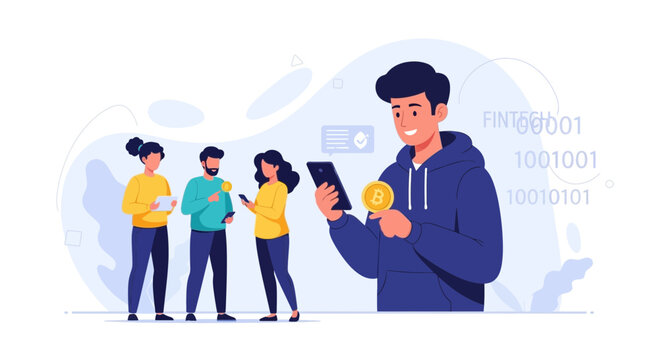 Diverse group using smartphones for Bitcoin cryptocurrency and fintech transactions, symbolizing digital finance and investment.