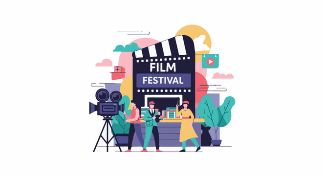 Stylized scene depicts a film festival with clapperboard vintage camera and people