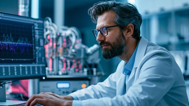 Engineer in a modern lab studying error-correction graphs beside a quantum device, focused mood, cool rim lighting, three-quarter composition.