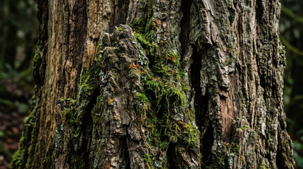 Obraz premium Close-up of old tree trunk with moss in forest