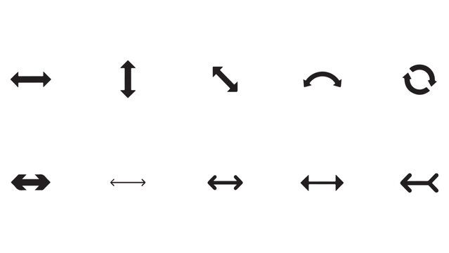 Black arrow icons set for user interface navigation resize tools and rotation indicators.