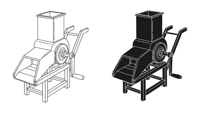 Manual Food Grinder Duo: A set of vintage manual food grinders, presented in both line drawing and silhouette form, showcasing a rustic kitchen essential.