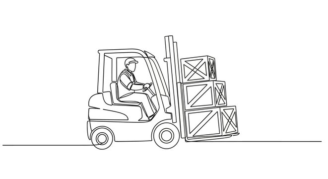 Forklift operator lifting stacked cargo boxes in warehouse.