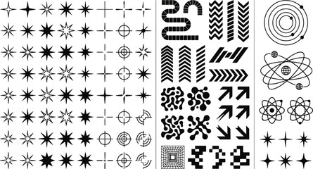 Graphic set of technical star and arrow symbols for layout design with technical abstract geometry minimalist ornament decoration collection illustration creative graphicdesign © creative zone