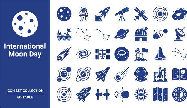 International moon day space exploration and astronomy icon set