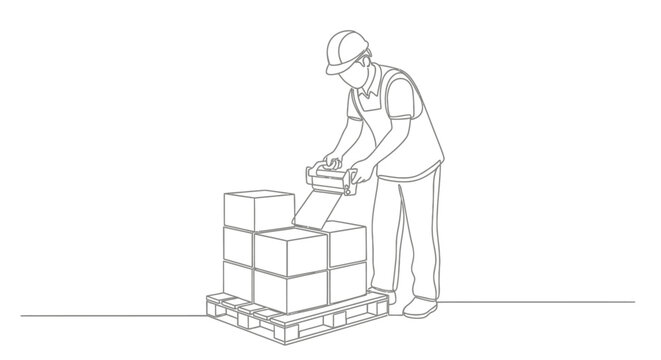 Worker lifting boxes on pallet in warehouse setting.