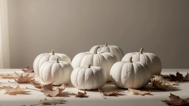 White pumpkins with dried autumn leaves on table in warm natural light for fall decoration