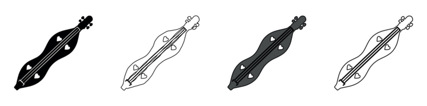 Set of four icons depicting a traditional stringed musical instrument with heart cutouts
