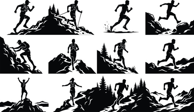 Trail Running and Hiking Silhouettes Featuring Mountain Climbing, Trekking Poles, Rugged Terrain, and Outdoor Adventure