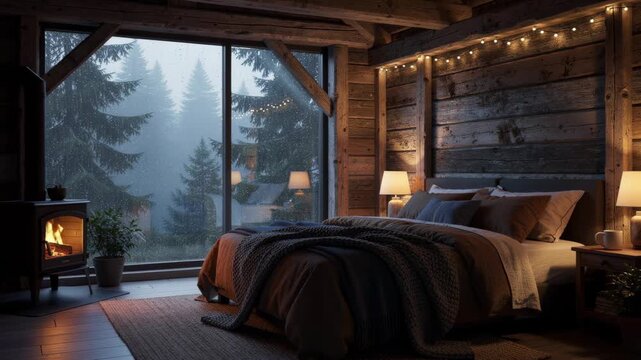 Cozy rustic bedroom with warm fireplace and large window overlooking foggy pine forest in cabin