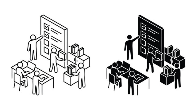 Isometric office workspace with employees working on tasks and checklists
