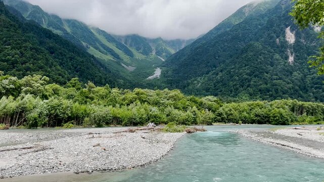 Majestic Mountain River Landscape in the Japanese Alps, Japan