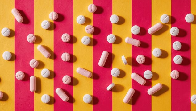 Striped colorful background with white pink and orange antacid pills enhancing stomach acid neutralization