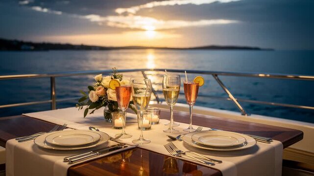 Romantic sunset dinner on a yacht with elegant table setting and sparkling drinks by the sea