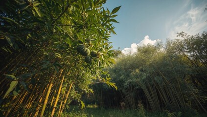 Fototapeta premium Lush papaya trees and dense bamboo thickets bathed in warm sunlight with light breeze