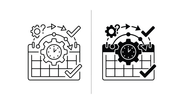 Project management calendar with clock and process cycle gear icons, calendar