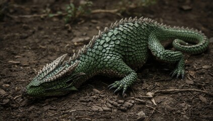 Fototapeta premium Green reptile with textured skin on the ground