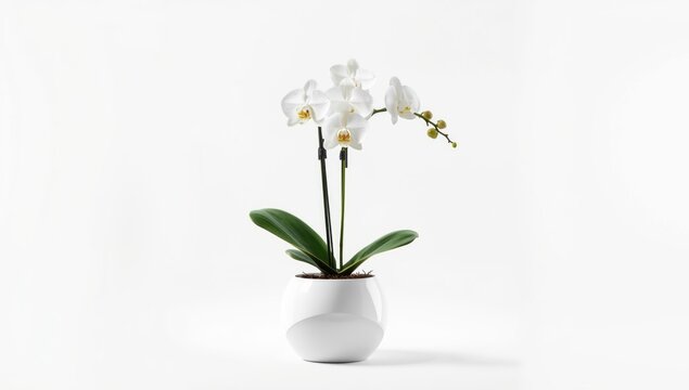 White orchid flower in a stylish pot displayed on pure white background with copy space for cosmetic and health decor