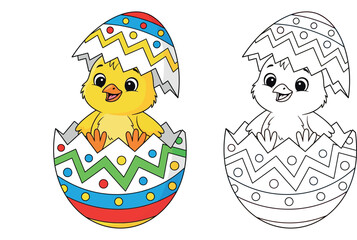 Fototapeta premium Cute Yellow Cartoon Chick Hatching from a Decorated Easter Egg Vector Illustration