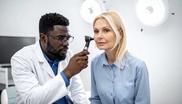 Doctor performing a detailed ear examination on a patient with an otoscope
