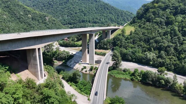 Aerial drone shot of Vranduk viaduct bridge in Bosnia and Herzegovina